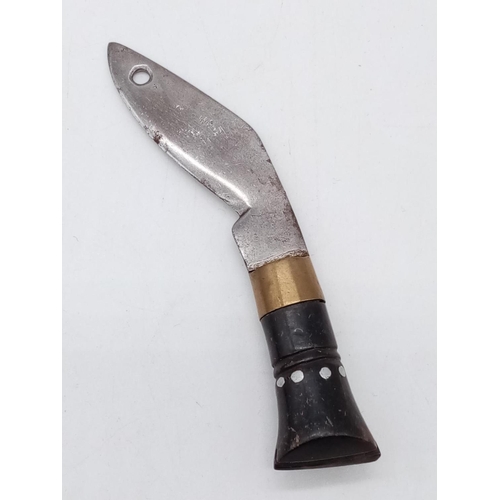 342 - A large Gurkha vintage kukri knife with patterned inscription on blade, with scabbard. 50cm long.