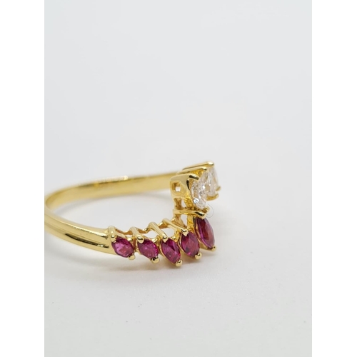 42 - 18ct yellow gold diamond and ruby ring, weight 3g and size N