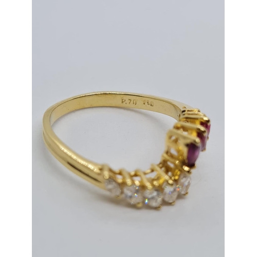 42 - 18ct yellow gold diamond and ruby ring, weight 3g and size N