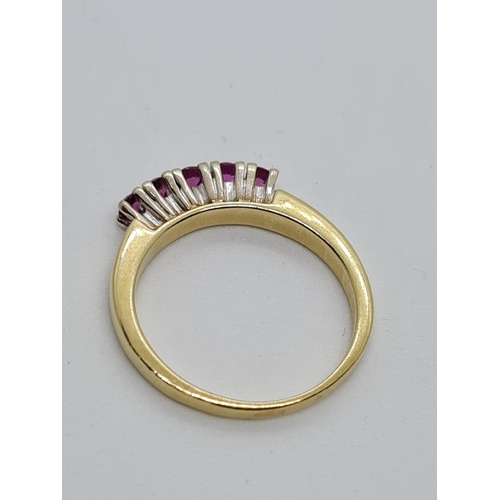 678 - 14ct yellow gold with 5 rubies. Size N. 3.3g in weight.