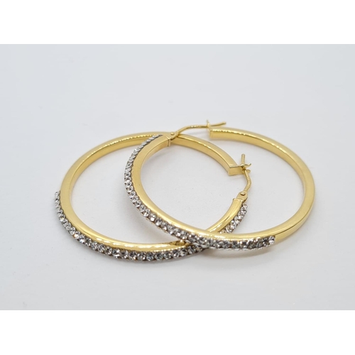 86 - Pair of large 9ct yellow gold stone set hoop earrings, weight weight 1.8g and 3cm diameter approx