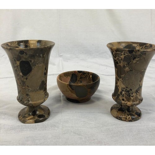 929 - 2 Ceramic goblets and a small bowl in a marble-esque pattern. 14cm high.