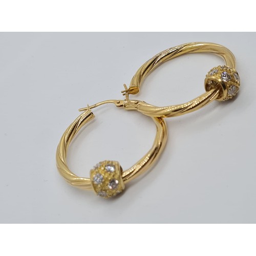 65 - Pair of large 9ct yellow gold stone set hoop earrings, weight 4g and 3cm diameter approx