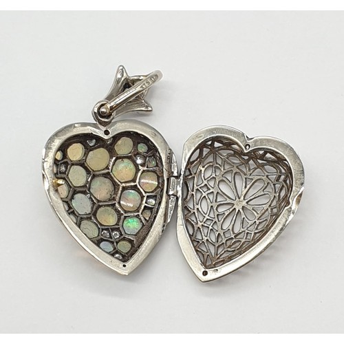 939 - 9ct white gold opal and rose diamond locket, weight 5g