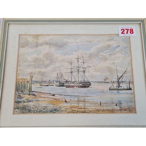 278 - 1889 dated F&G watercolour by R.S. Wilkinson of two warships anchored in-shore, 33x27cm