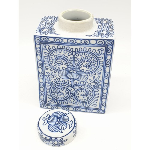 78 - A Japanese, white and blue hand painted, rectangular, porcelain, storage jar, with lid. Dimensions: ... 