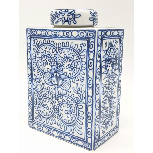 78 - A Japanese, white and blue hand painted, rectangular, porcelain, storage jar, with lid. Dimensions: ... 