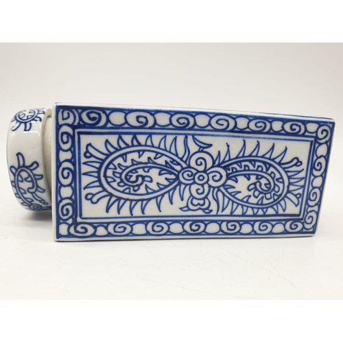 78 - A Japanese, white and blue hand painted, rectangular, porcelain, storage jar, with lid. Dimensions: ... 