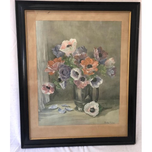 351 - An original signed Winifred Walker watercolour painting- flowers in a metallic vase , original wood ... 