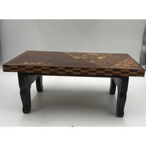 347 - A vintage Japanese style mini coffee table with folding legs, stylish engraved and lacquered, 32x13c... 