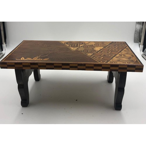 347 - A vintage Japanese style mini coffee table with folding legs, stylish engraved and lacquered, 32x13c... 