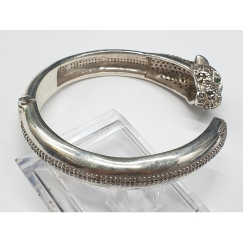 192 - Panther shaped bangle inset with Emeralds & Rose cut diamonds. 925 silver