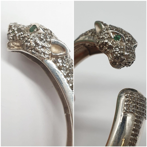 192 - Panther shaped bangle inset with Emeralds & Rose cut diamonds. 925 silver