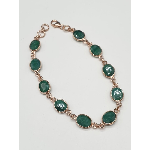 207 - Emerald Bracelet and Dangler earrings in rose gold finish and one cabochon emerald ring. Length of b... 