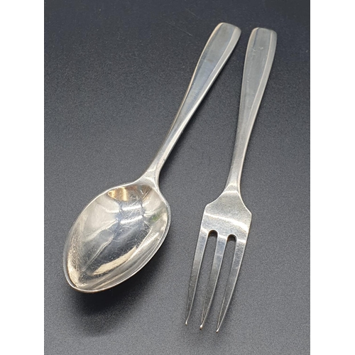 208 - Mappin & Webb 1938 silver spoon and fork set. Length 15cm. Total weight 78 grams