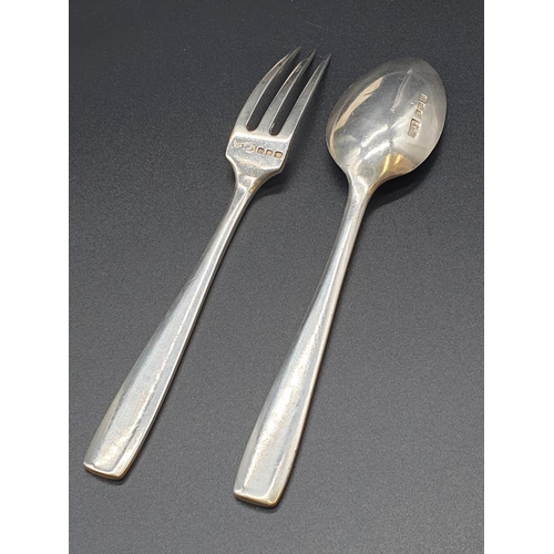 208 - Mappin & Webb 1938 silver spoon and fork set. Length 15cm. Total weight 78 grams