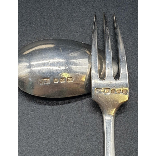 208 - Mappin & Webb 1938 silver spoon and fork set. Length 15cm. Total weight 78 grams