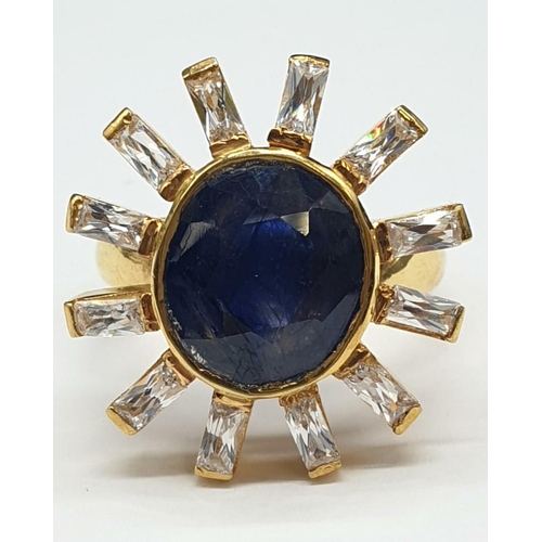 214 - A 6cts Natural Blue Sapphire Gemstone Ring with White Signity Stones in sterling silver yellow finis... 