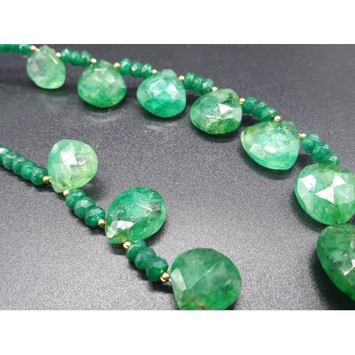 418 - An Emerald Drops Necklace with 925 silver gold plated clasp. Length 22cm, weight 28 grams.