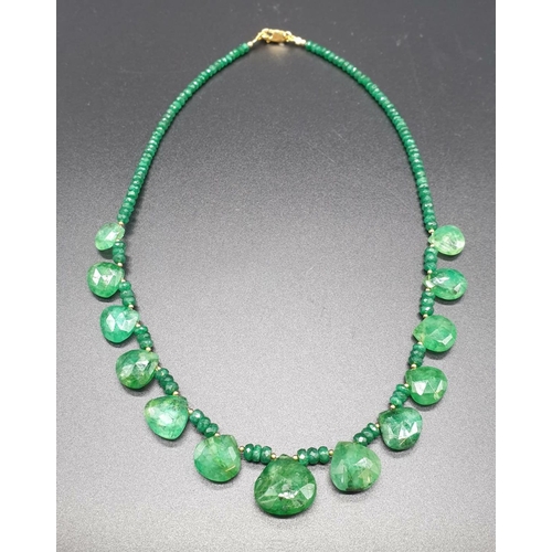 418 - An Emerald Drops Necklace with 925 silver gold plated clasp. Length 22cm, weight 28 grams.