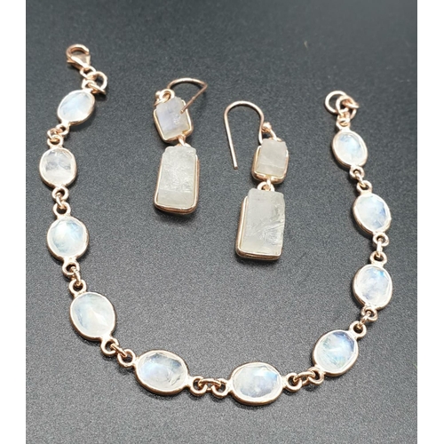 432 - Rainbow Moonstone Bracelet with matching Raw Dangler Earrings in Sterling silver rose gold finish. B... 