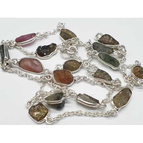 439 - A Rough Tourmaline Gemstone Chain Necklace in Sterling silver with Dangler Earrings. Necklace length... 