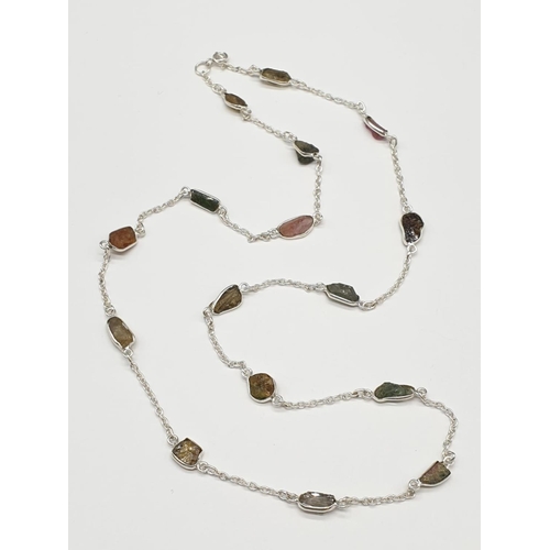 439 - A Rough Tourmaline Gemstone Chain Necklace in Sterling silver with Dangler Earrings. Necklace length... 