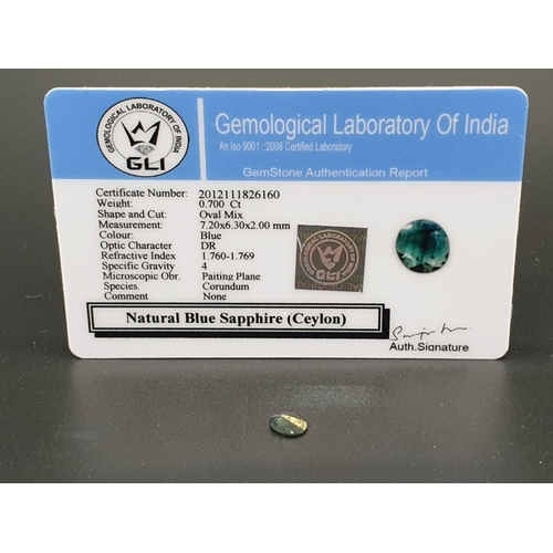 455 - 0.70 Ct Natural Blue Sapphire. Oval shape. GLI certified