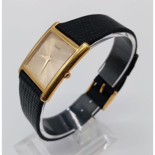 737 - Vintage Plaget 18ct gold ladies watch with square face (22mm) and leather strap