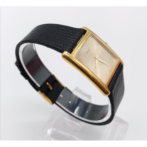 737 - Vintage Plaget 18ct gold ladies watch with square face (22mm) and leather strap