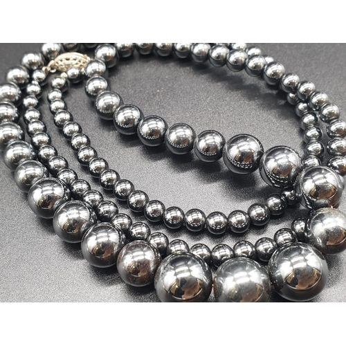 226 - Hematite Graduated Beaded Necklace & Earrings 89g 64cms