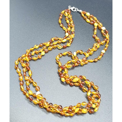 233 - 3 Rows Amber Necklace with Silver Clasp  14.8g 45cms