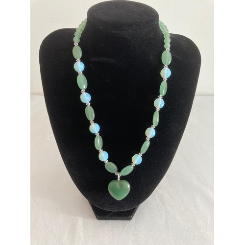 364 - Chrysoprase and white stone necklace with a green chrysoprase heart pendant. 925 silver clasp and fi... 