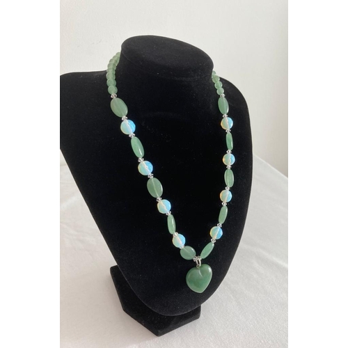 364 - Chrysoprase and white stone necklace with a green chrysoprase heart pendant. 925 silver clasp and fi... 