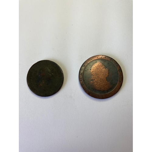 482 - 2 x George III copper coins: 1 x 1797 Cartwheel penny, 1 x Halfpenny 1799.