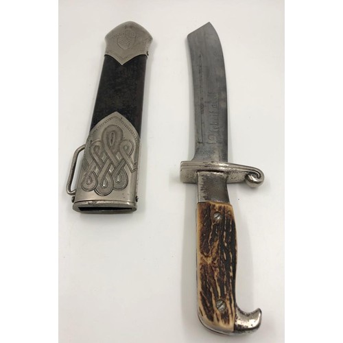 51 - German WW2 RAD subordinate Hewer dagger with stags horn grip, stylised eagle pommel in original scab... 