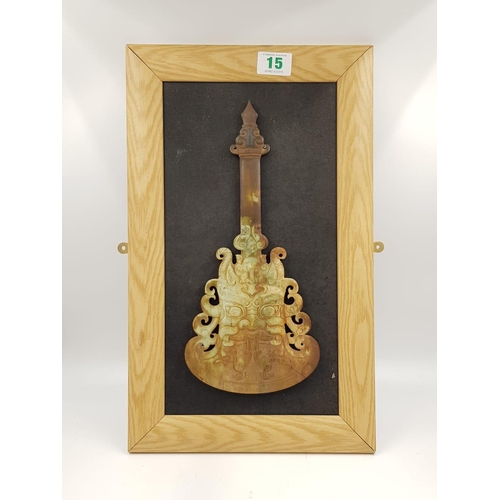 15 - An oriental hegemonic sceptre, carved on a hard stone and presented on a wooden frame. Sceptre dimen... 