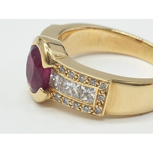 189 - 18ct gold with diamonds and ruby. 6.3g total weight and size K.