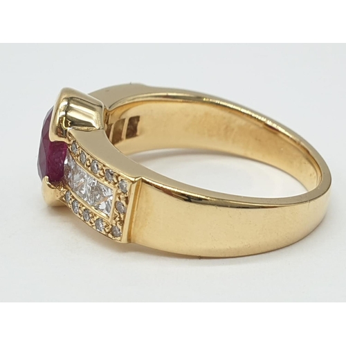 189 - 18ct gold with diamonds and ruby. 6.3g total weight and size K.