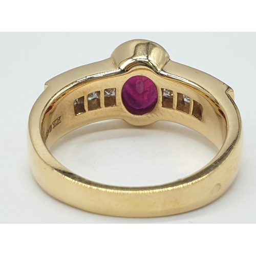 189 - 18ct gold with diamonds and ruby. 6.3g total weight and size K.