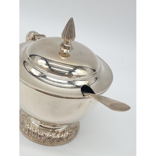 35 - Asprey London Silver Condiment pot and spoon, weight 195g and 9cm tall aprpox