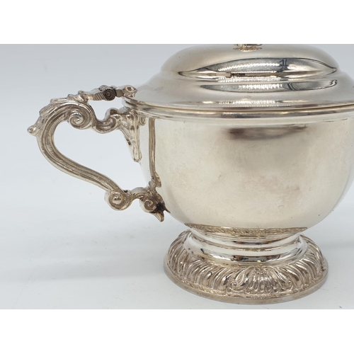 35 - Asprey London Silver Condiment pot and spoon, weight 195g and 9cm tall aprpox