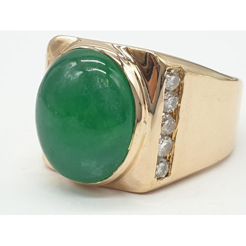 46 - 18ct Gold ring with natural jade stone and diamond shoulders. 16.2g total weight and size R.