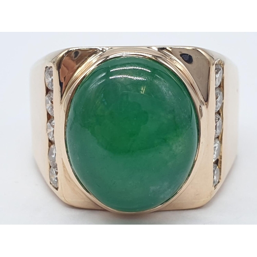 46 - 18ct Gold ring with natural jade stone and diamond shoulders. 16.2g total weight and size R.