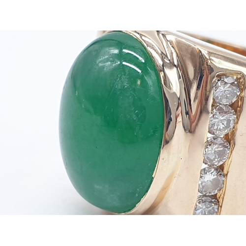 46 - 18ct Gold ring with natural jade stone and diamond shoulders. 16.2g total weight and size R.