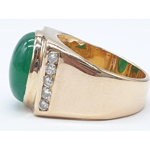 46 - 18ct Gold ring with natural jade stone and diamond shoulders. 16.2g total weight and size R.