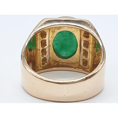 46 - 18ct Gold ring with natural jade stone and diamond shoulders. 16.2g total weight and size R.