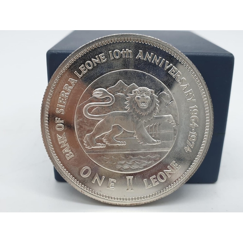 473 - Silver Commemorative Coin Bank of Sierra Leone 10th Anniversary One Leone 28.4g Unity, Freedom, Just... 