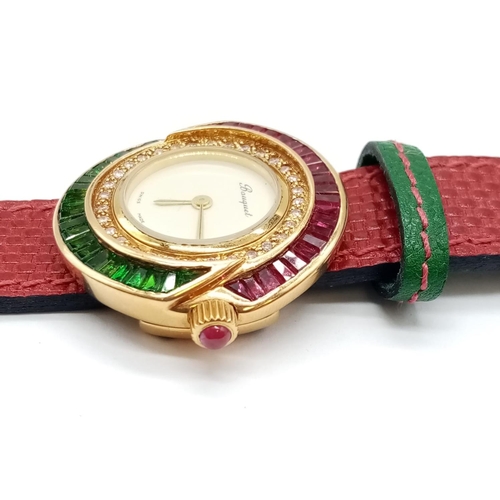 69 - Vintage Bouquet 18ct gold ladies dress watch, round face with emerald, ruby and diamonds surround, 3... 