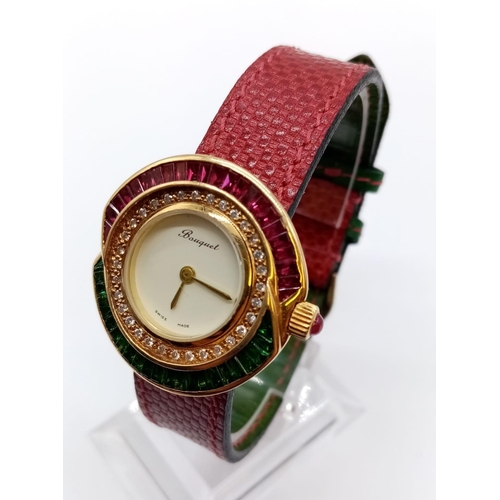 69 - Vintage Bouquet 18ct gold ladies dress watch, round face with emerald, ruby and diamonds surround, 3... 